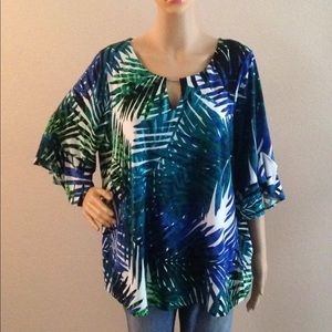 Calvin Klein Leaf Print Split Bell Sleeve Top 3X